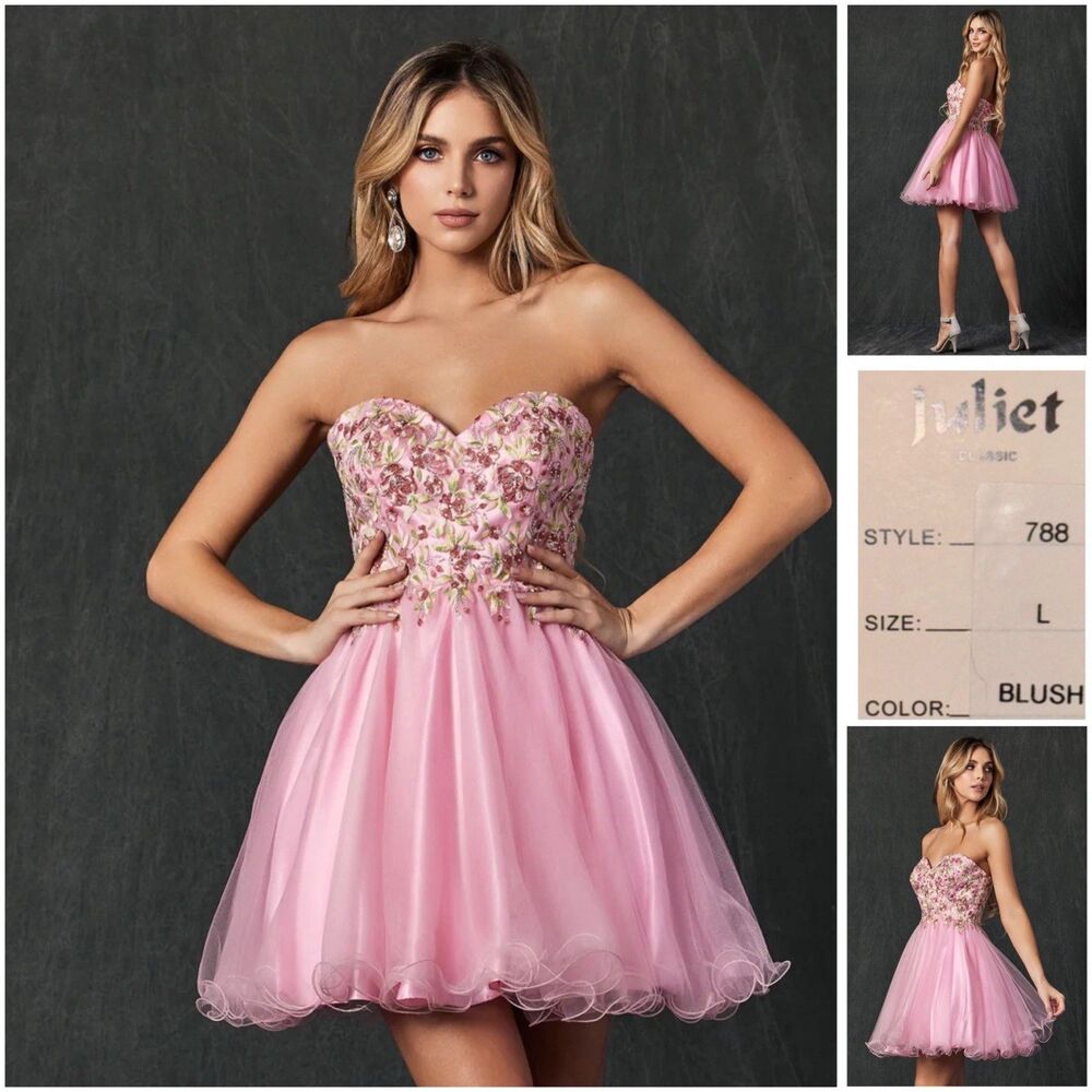 Juliet Prom Style 788 Blush Pink Floral Embroidered Short Dress Size Large New
